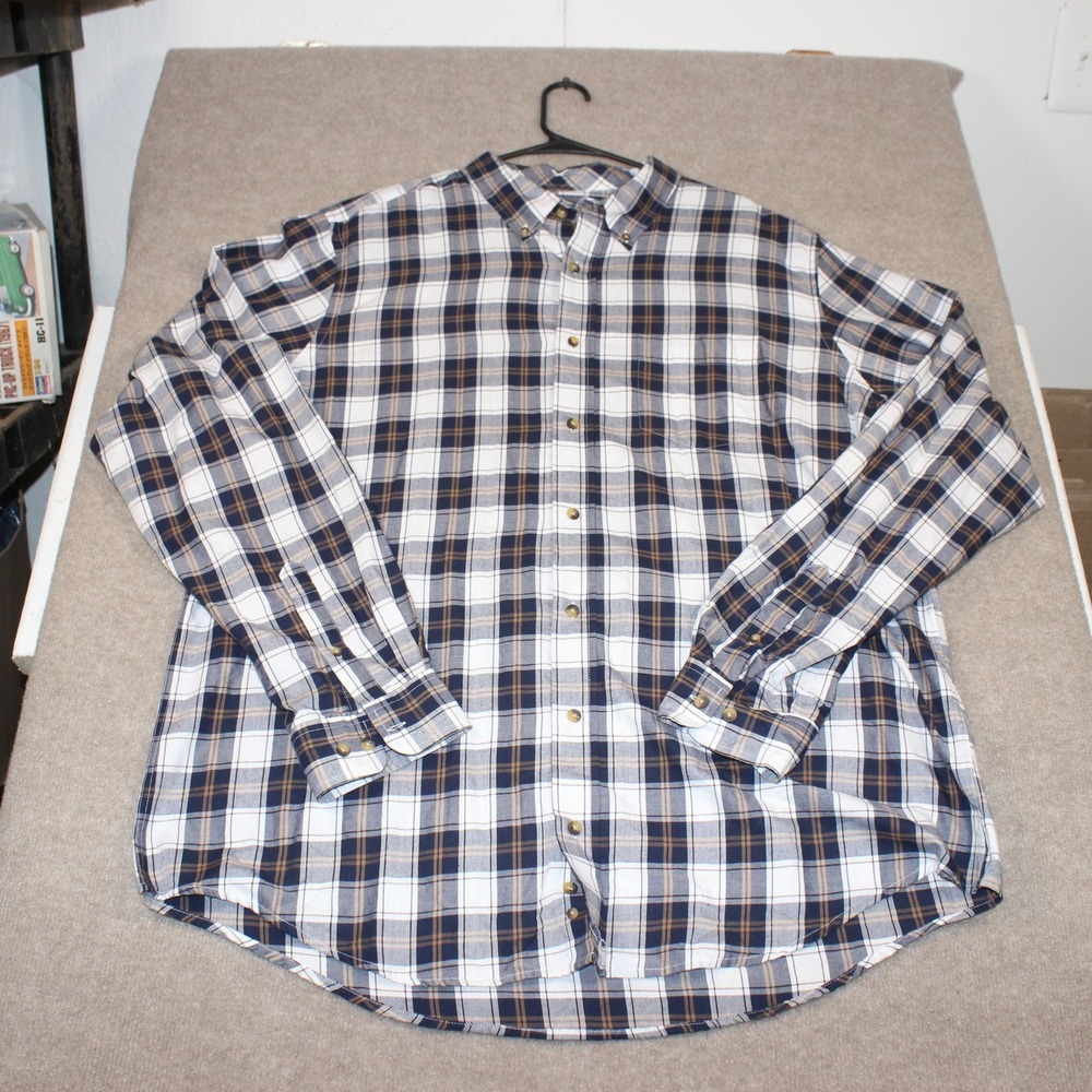 George Mens 2XLT Plaid Button Down Shirt Navy Blue White Tan Long Sleeve Tall